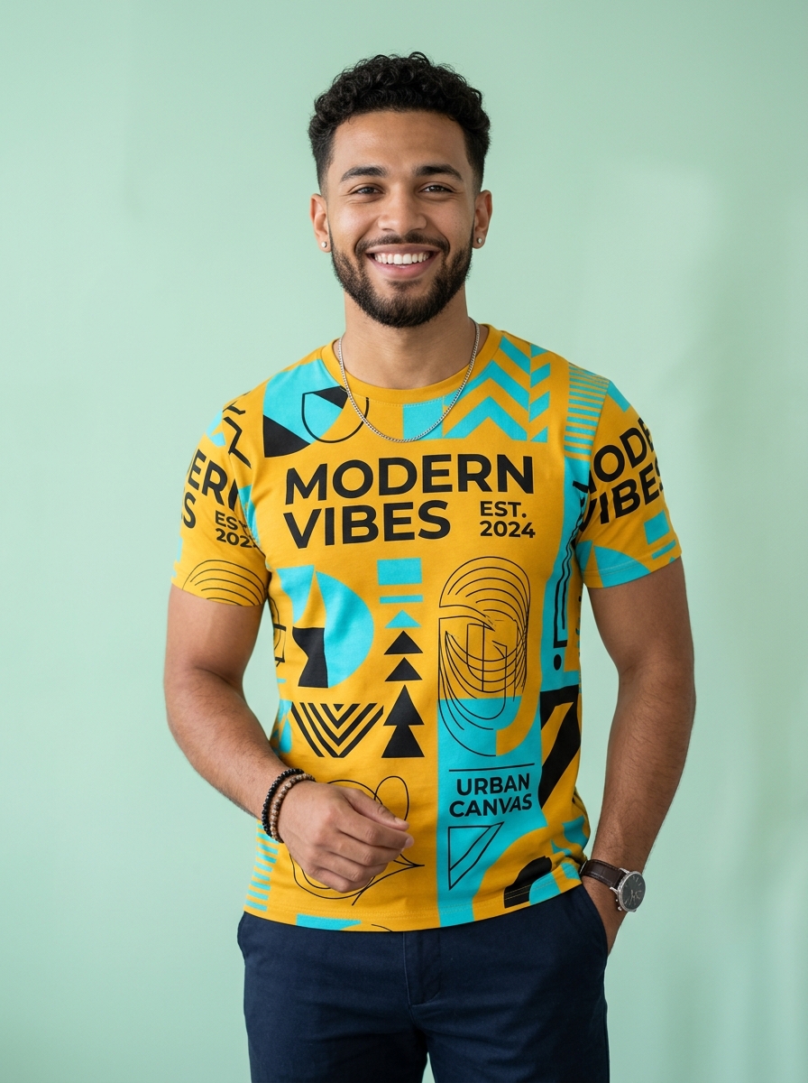 Model wearing custom branded printed apparel